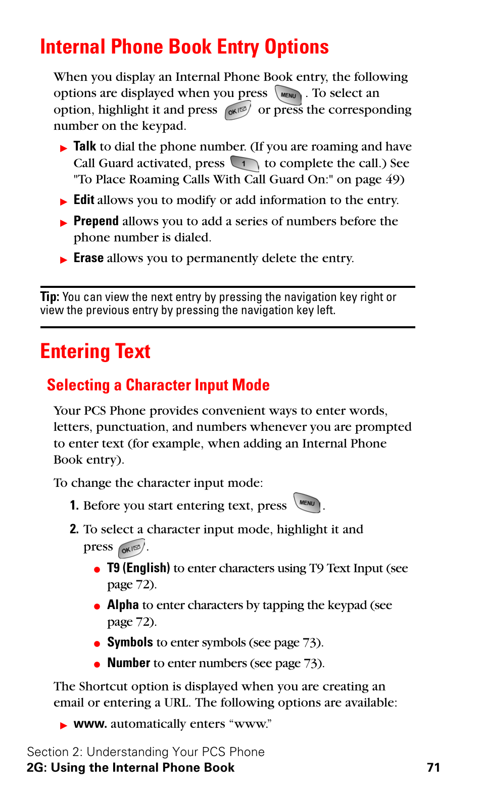 Internal phone book entry options, Entering text, Selecting a character input mode | Internal phone book entry options entering text | Samsung SPH-A600ZSSXAR User Manual | Page 79 / 178