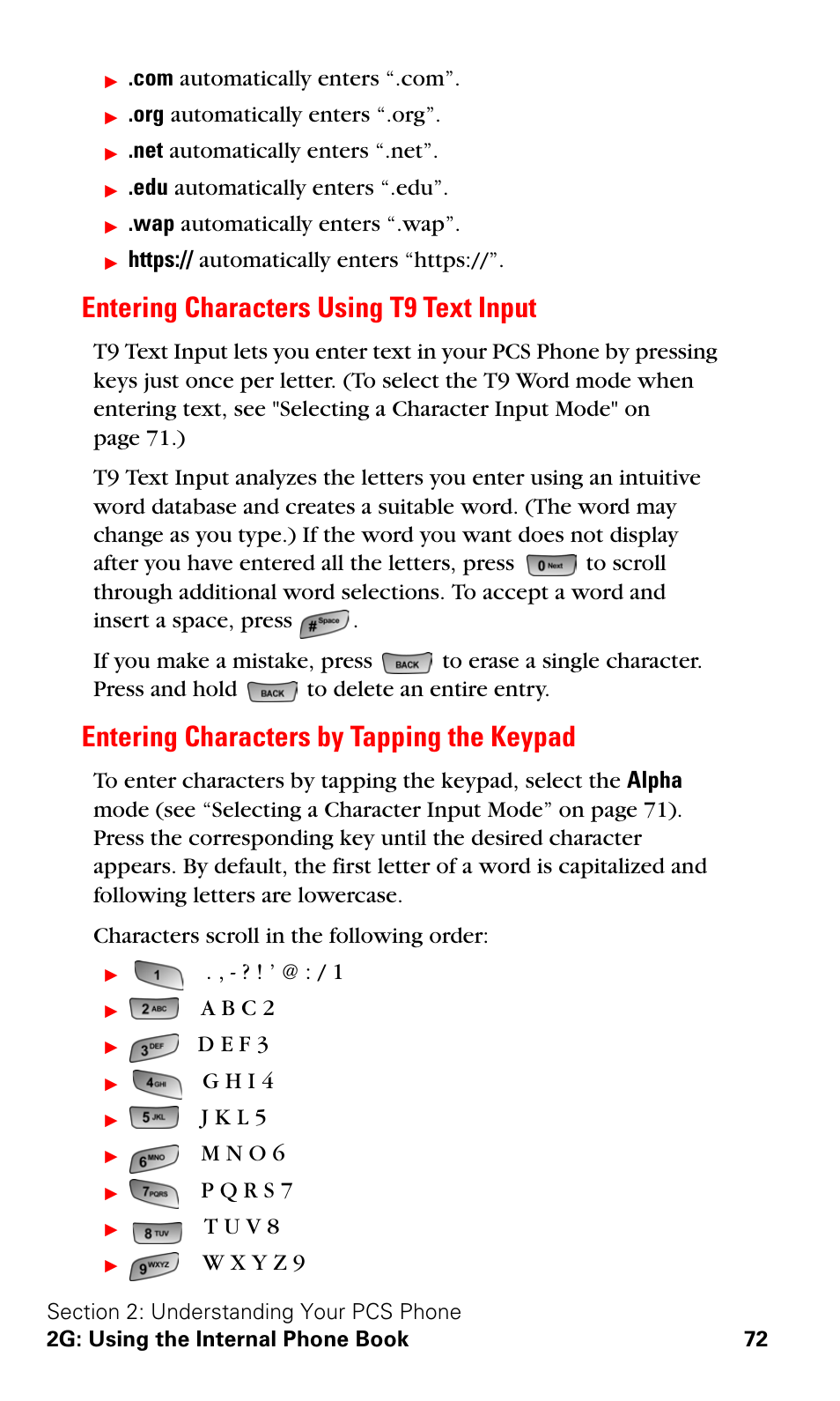 Entering characters using t9 text input, Entering characters by tapping the keypad, Edu automatically enters “.edu | Wap automatically enters “.wap, A b c 2, D e f 3, G h i 4, J k l 5, M n o 6, T u v 8 | Samsung SPH-A600ZSSXAR User Manual | Page 80 / 178