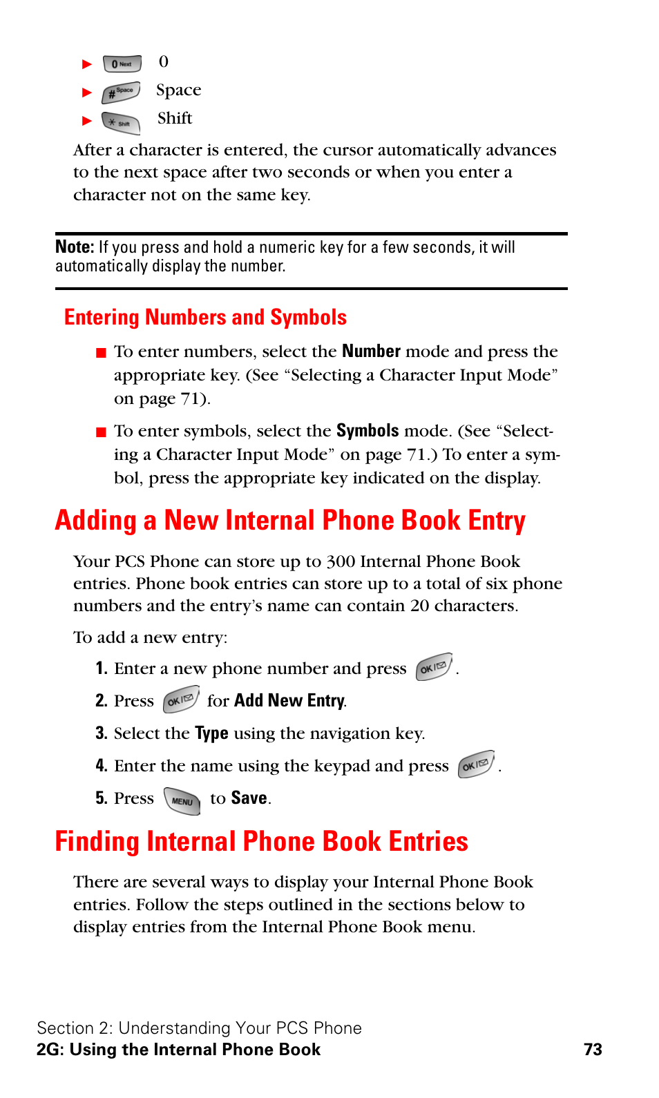 Entering numbers and symbols, Adding a new internal phone book entry, Finding internal phone book entries | Finding internal phone book entries" on | Samsung SPH-A600ZSSXAR User Manual | Page 81 / 178