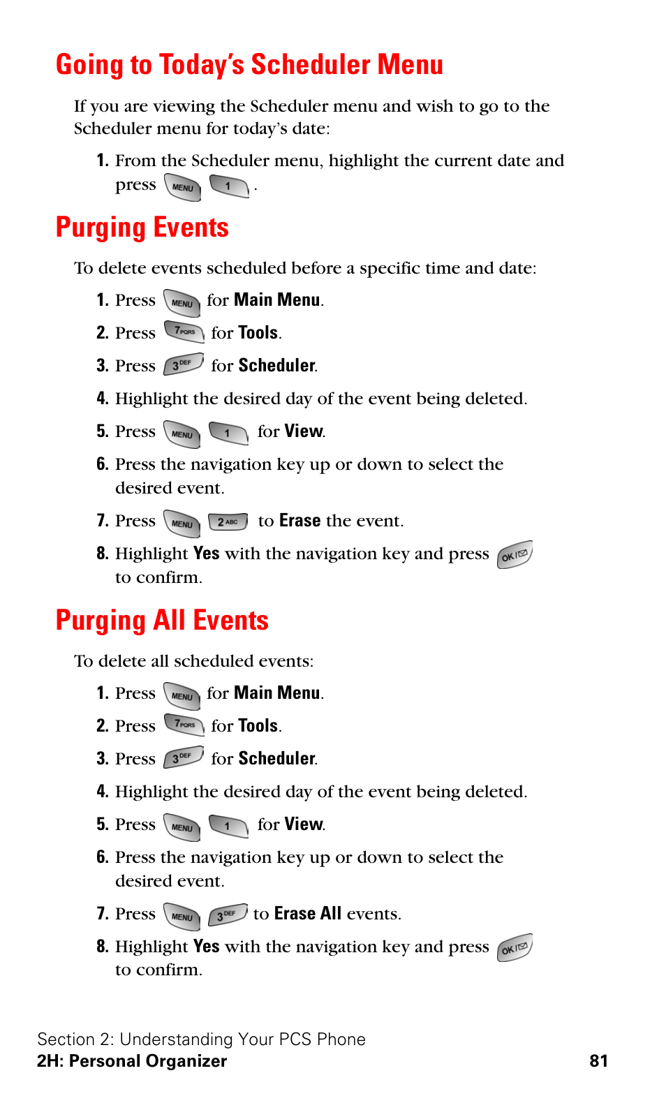 Going to today’s scheduler menu, Purging events, Purging all events | Samsung SPH-A600ZSSXAR User Manual | Page 89 / 178