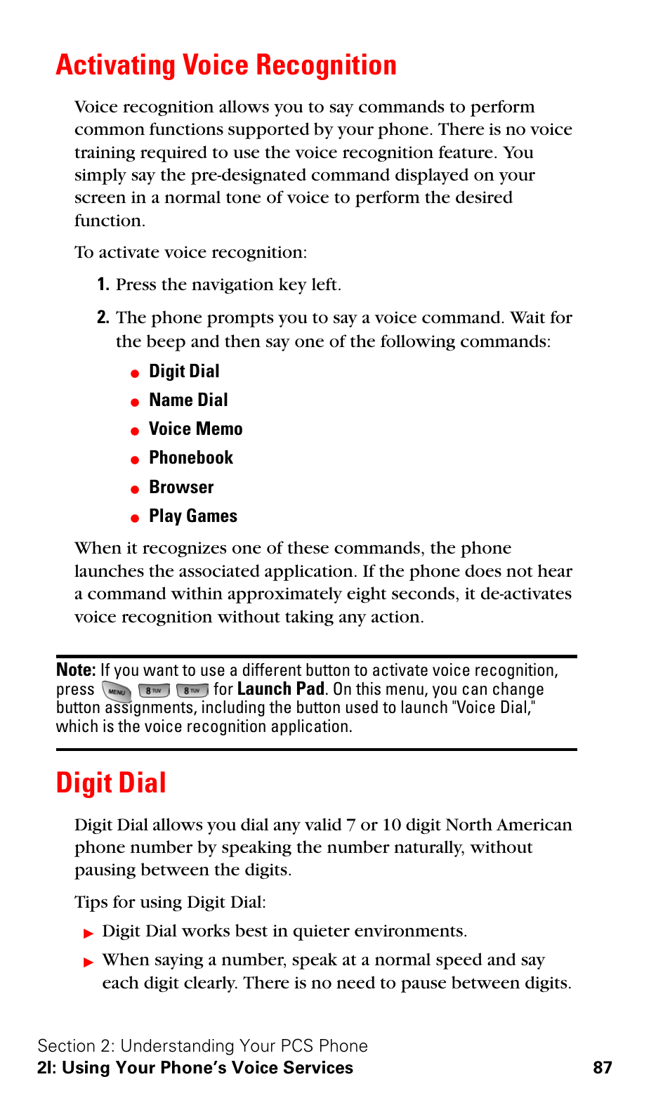 Activating voice recognition, Digit dial, Activating voice recognition digit dial | Samsung SPH-A600ZSSXAR User Manual | Page 95 / 178