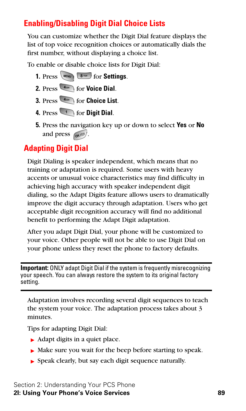 Enabling/disabling digit dial choice lists, Adapting digit dial | Samsung SPH-A600ZSSXAR User Manual | Page 97 / 178