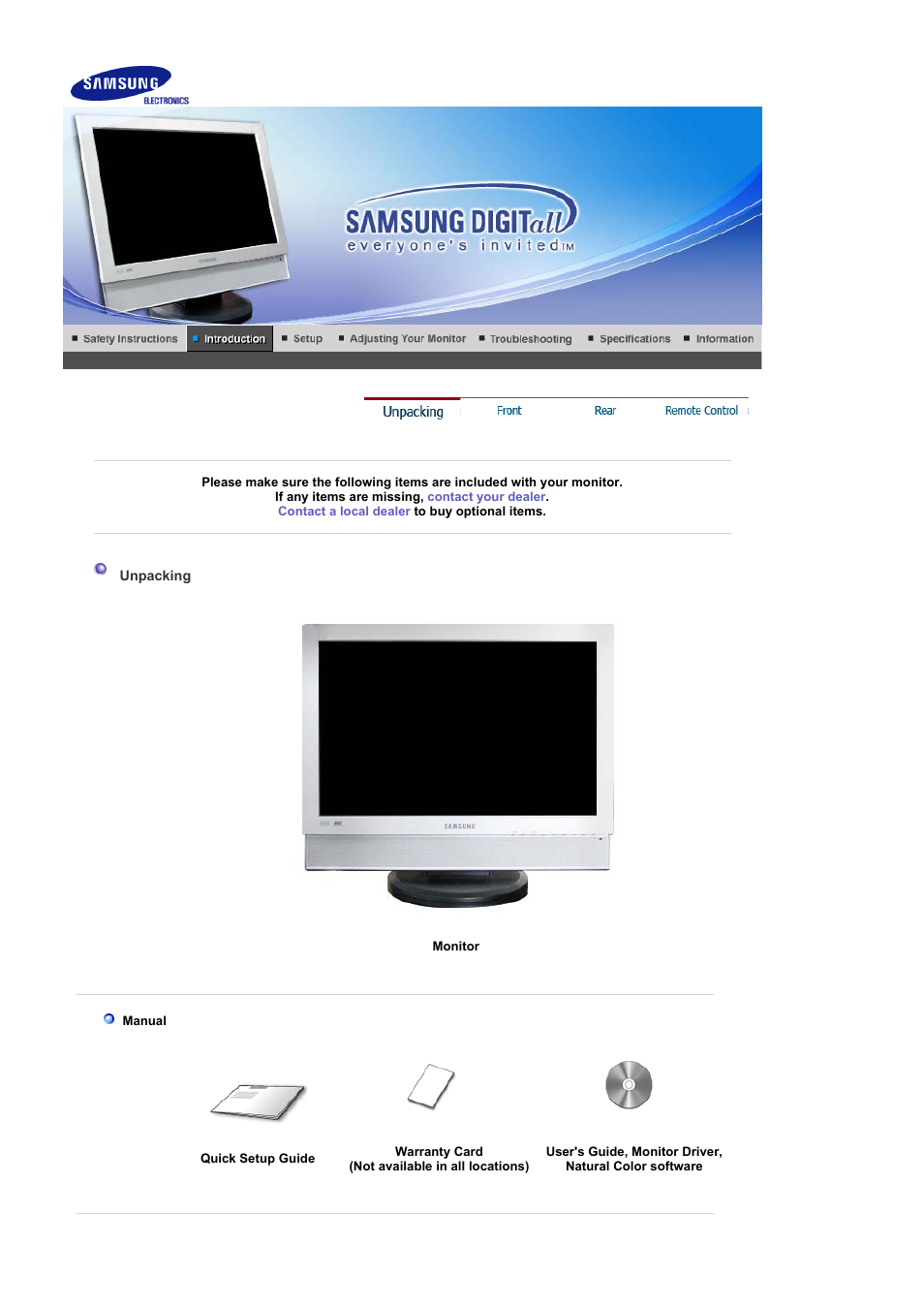 Introduction, Unpacking, Front | Samsung LS19DOCSSK-XBM User Manual | Page 10 / 54