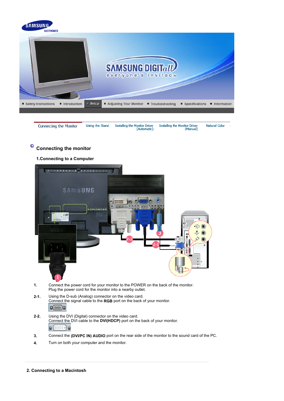 Connecting the monitor, Using the stand | Samsung LS19DOCSSK-XBM User Manual | Page 18 / 54