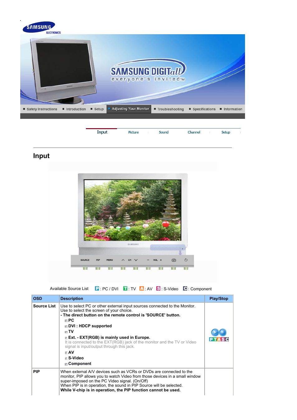 Input, Picture | Samsung LS19DOCSSK-XBM User Manual | Page 29 / 54