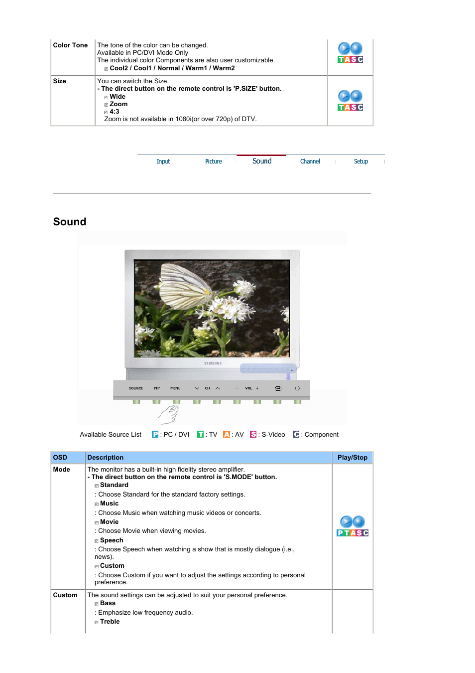 Channel, Sound | Samsung LS19DOCSSK-XBM User Manual | Page 33 / 54