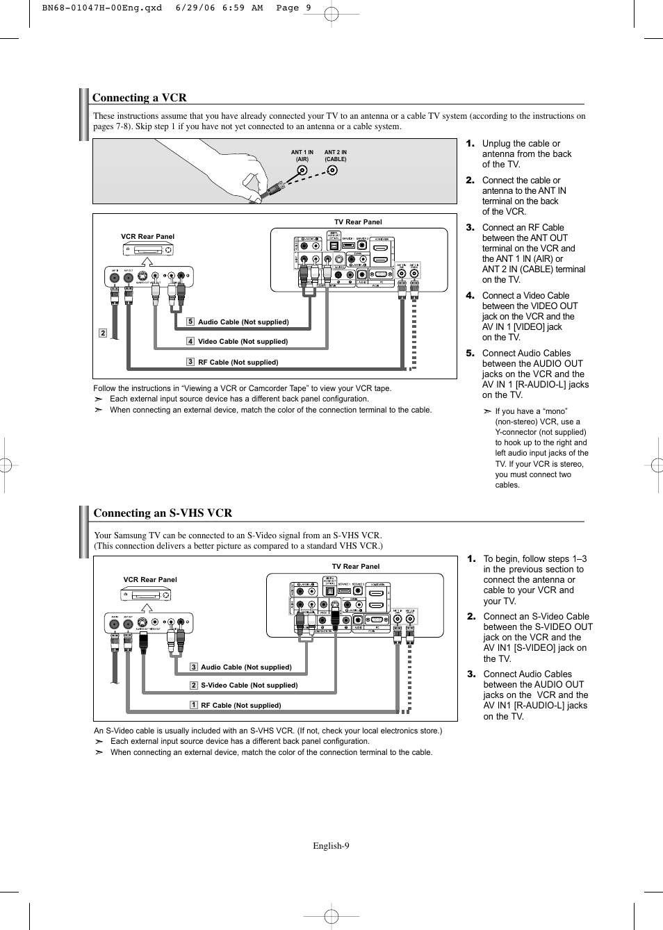 Connecting a vcr, Connecting an s-vhs vcr | Samsung LNS3296DX-XAA User Manual | Page 11 / 179