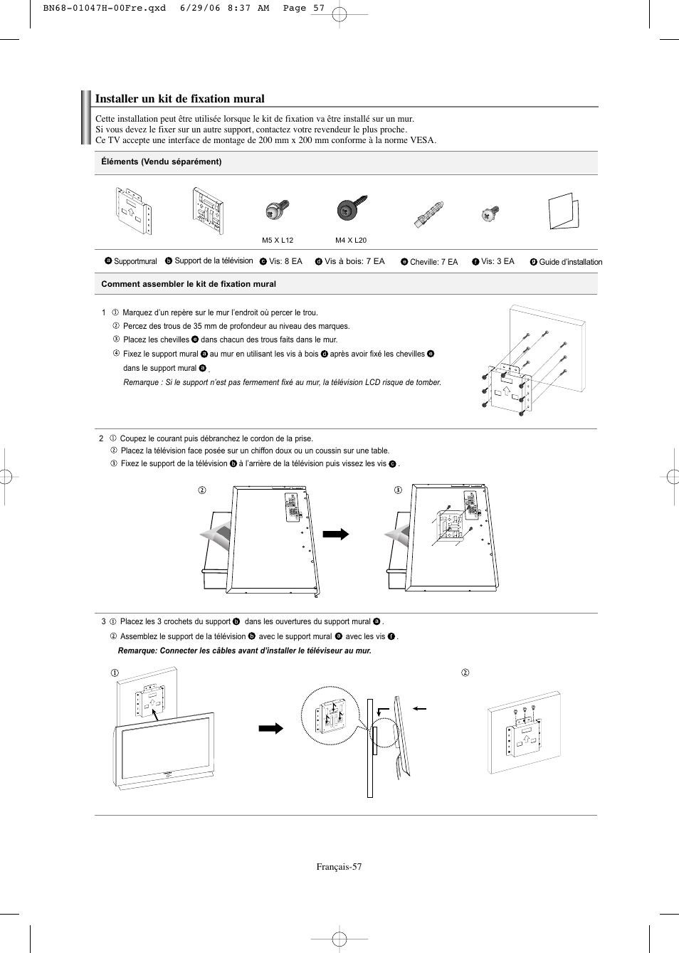 Installer un kit de fixation mural | Samsung LNS3296DX-XAA User Manual | Page 118 / 179