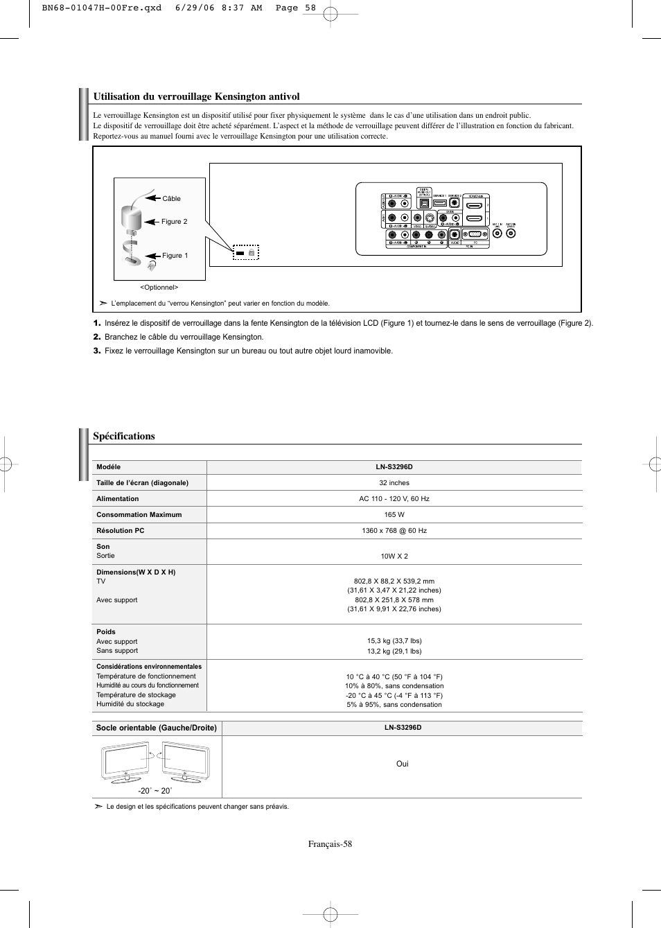 Utilisation du verrouillage kensington antivol, Spécifications | Samsung LNS3296DX-XAA User Manual | Page 119 / 179