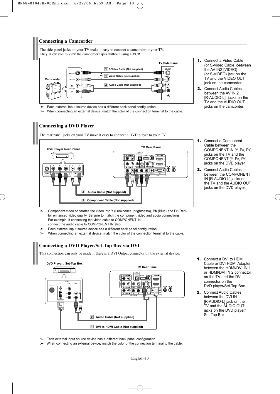 Connecting a camcorder, Connecting a dvd player, Connecting a dvd player/set-top box via dvi | Samsung LNS3296DX-XAA User Manual | Page 12 / 179