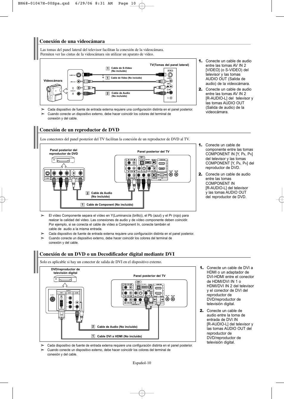 Conexión de una videocámara, Conexión de un reproductor de dvd | Samsung LNS3296DX-XAA User Manual | Page 130 / 179