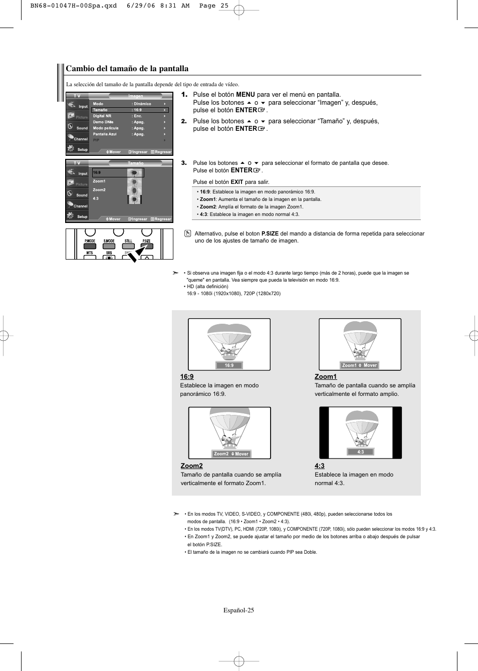 Cambio del tamaño de la pantalla | Samsung LNS3296DX-XAA User Manual | Page 145 / 179