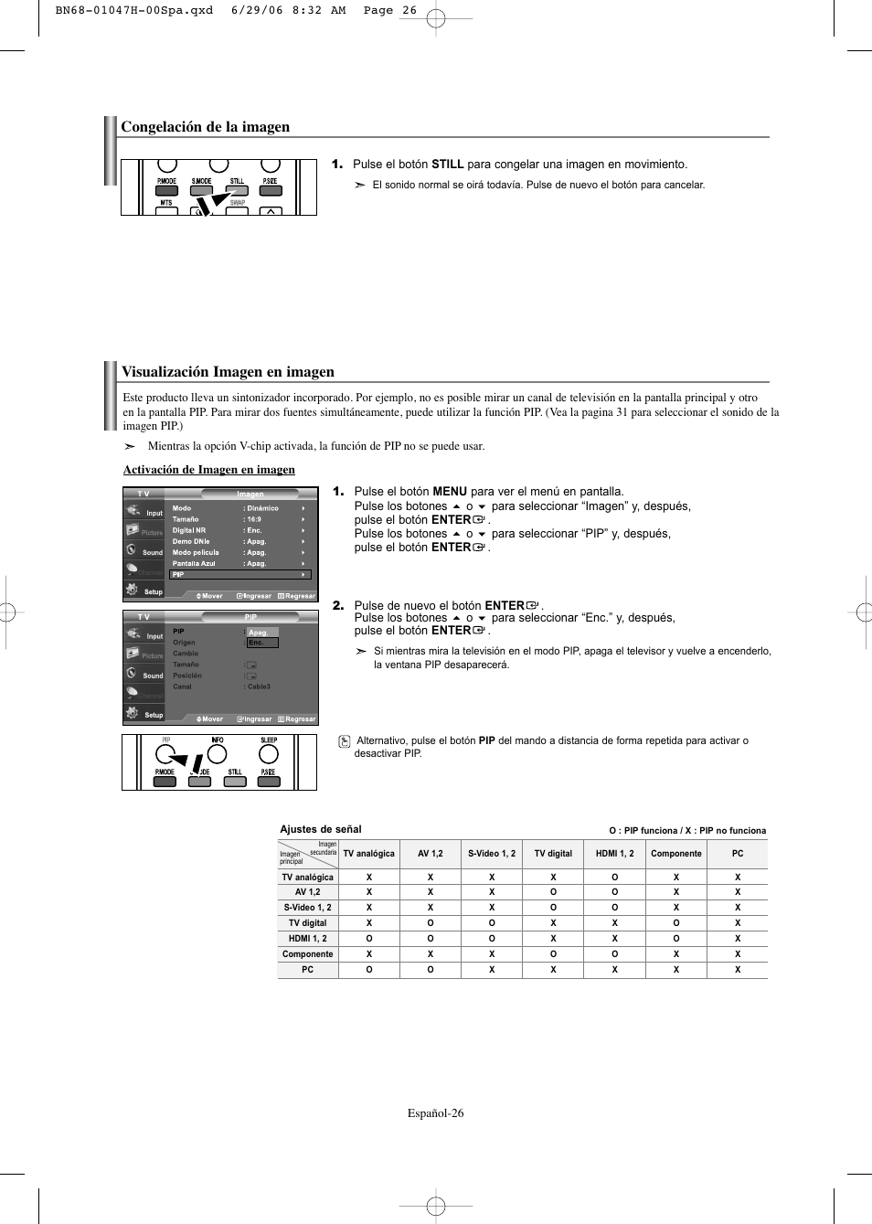Congelación de la imagen, Visualización imagen en imagen | Samsung LNS3296DX-XAA User Manual | Page 146 / 179