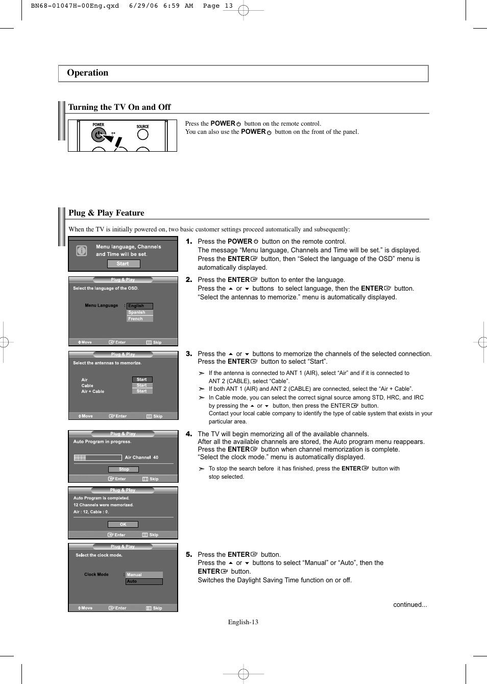Operation, Turning the tv on and off, Plug & play feature | Samsung LNS3296DX-XAA User Manual | Page 15 / 179