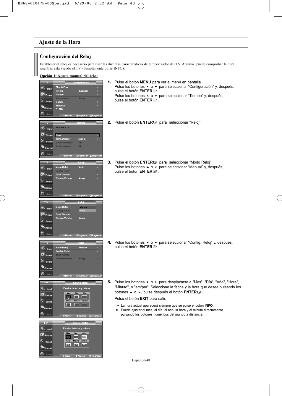Ajuste de la hora | Samsung LNS3296DX-XAA User Manual | Page 160 / 179