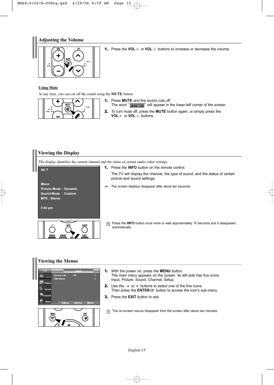 Adjusting the volume, Viewing the display, Viewing the menus | Samsung LNS3296DX-XAA User Manual | Page 17 / 179