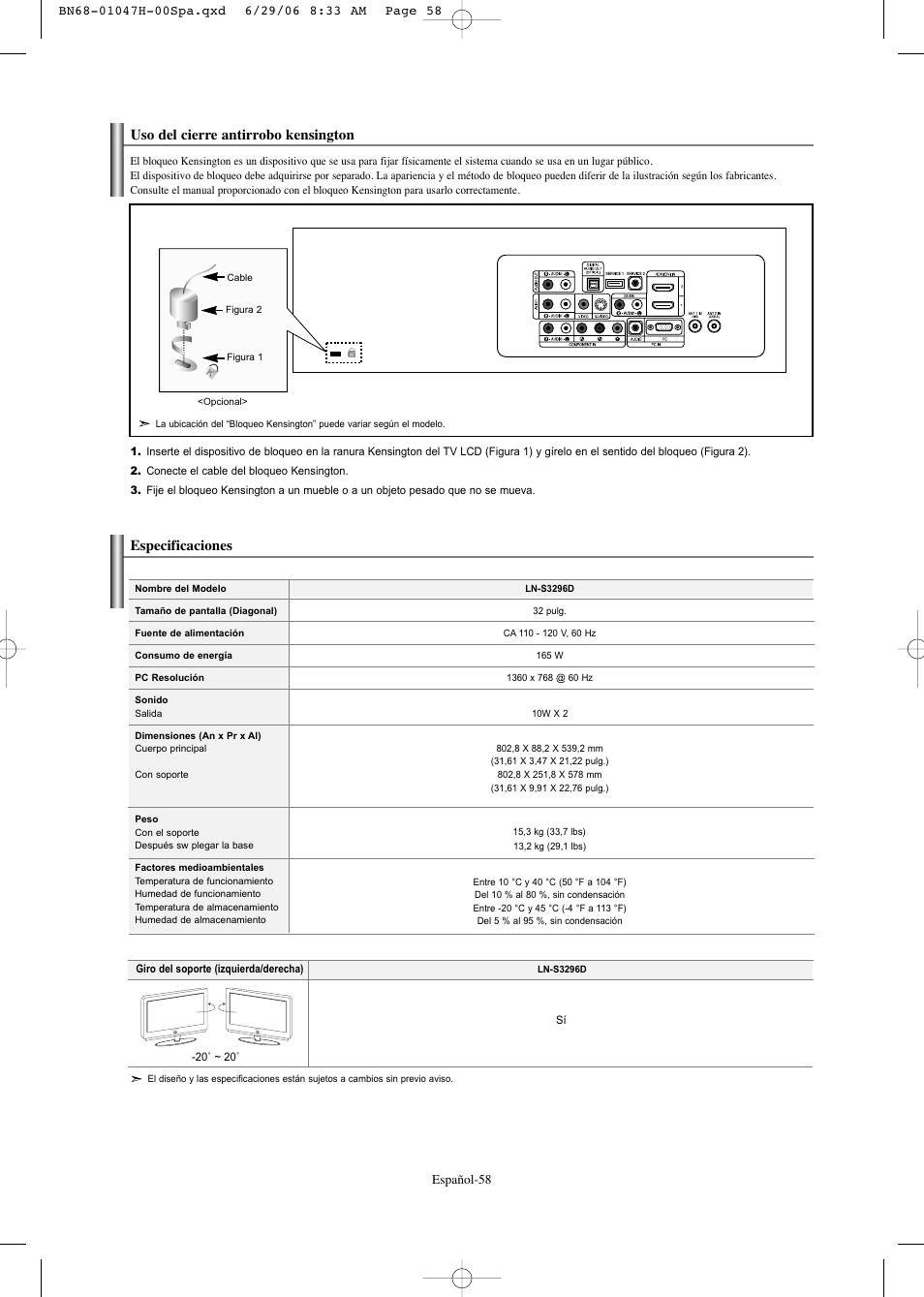 Uso del cierre antirrobo kensington, Especificaciones | Samsung LNS3296DX-XAA User Manual | Page 178 / 179