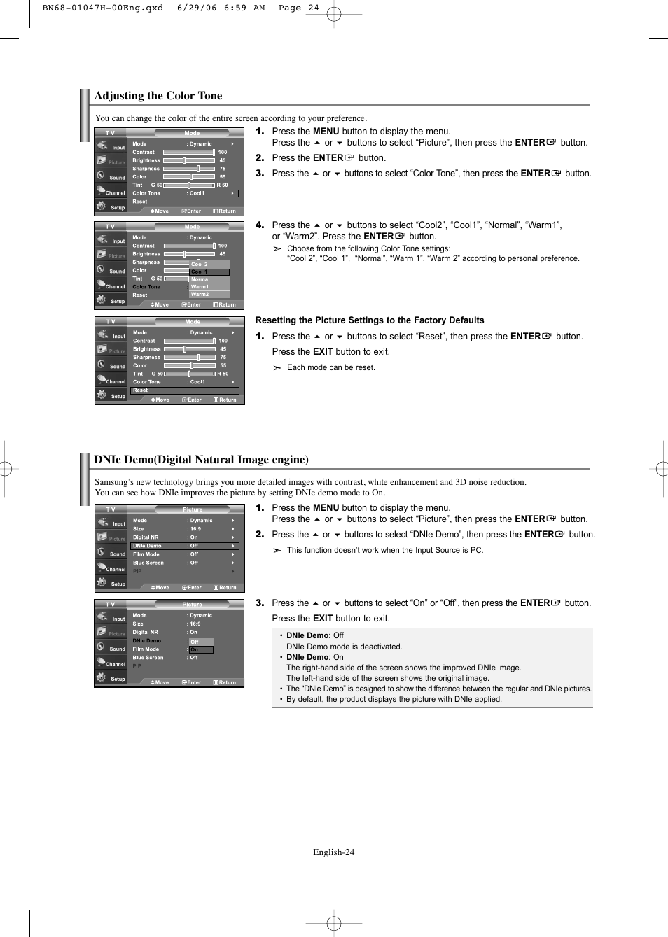 Adjusting the color tone, Dnie demo(digital natural image engine) | Samsung LNS3296DX-XAA User Manual | Page 26 / 179