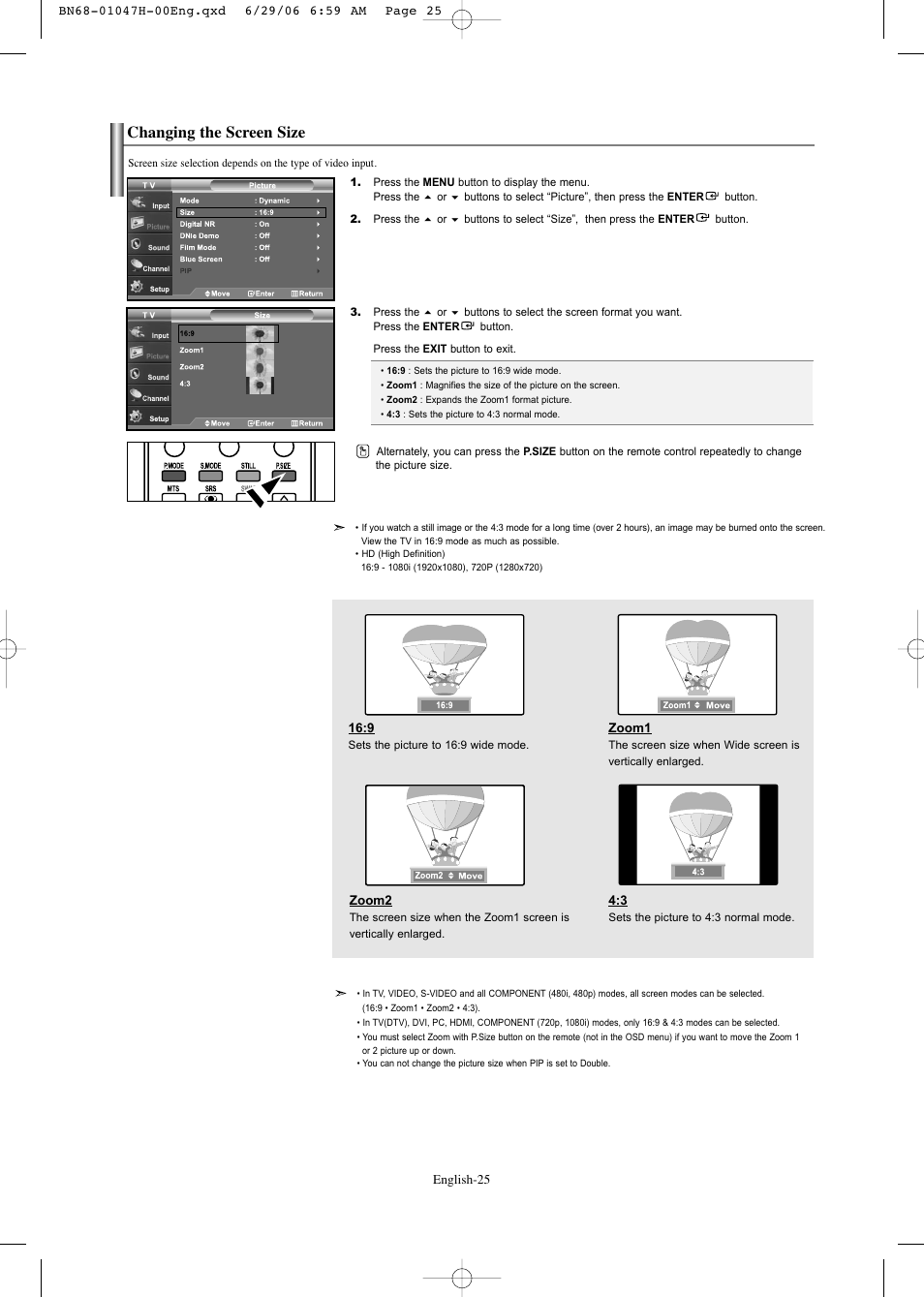 Changing the screen size | Samsung LNS3296DX-XAA User Manual | Page 27 / 179