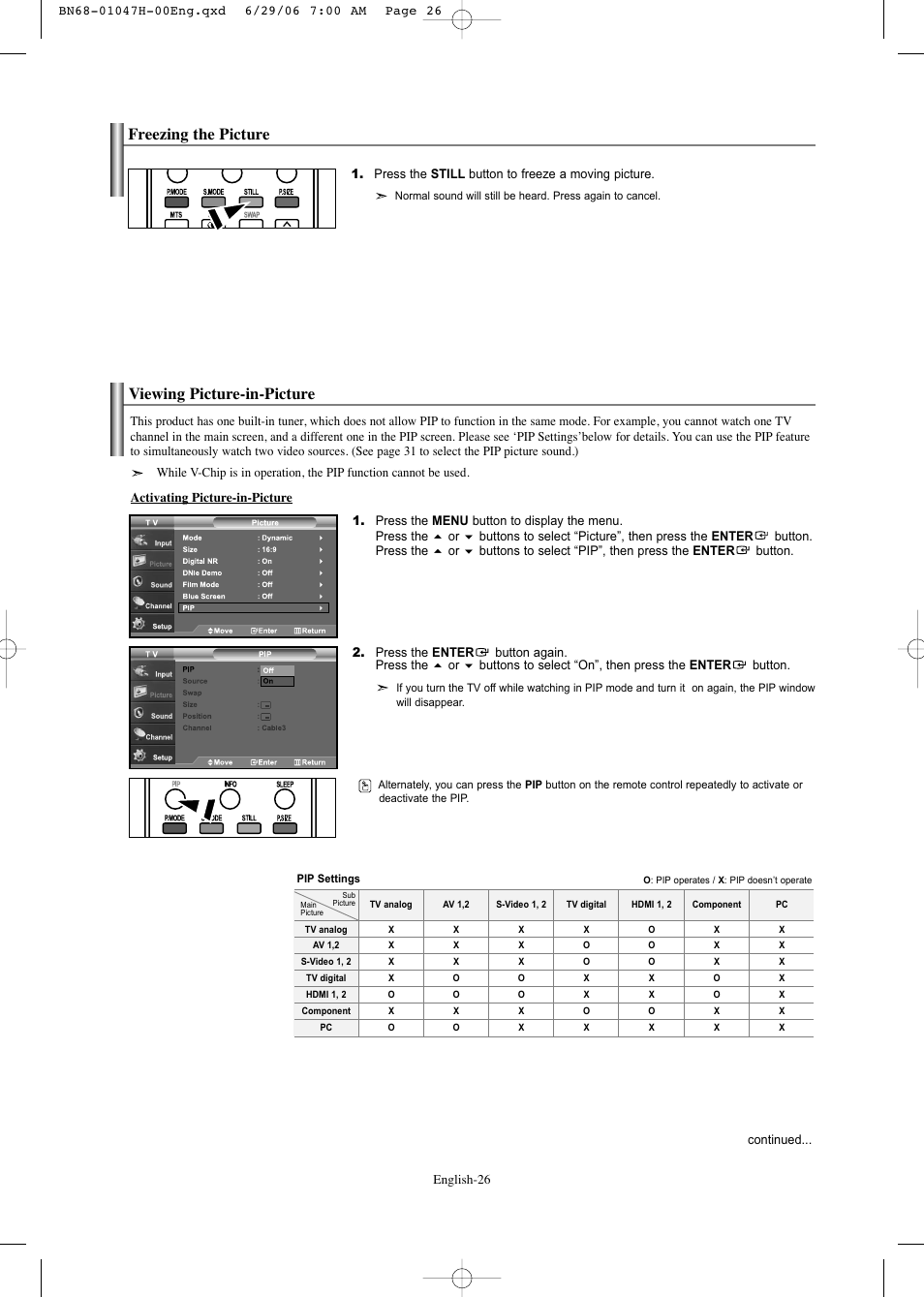 Freezing the picture, Viewing picture-in-picture | Samsung LNS3296DX-XAA User Manual | Page 28 / 179