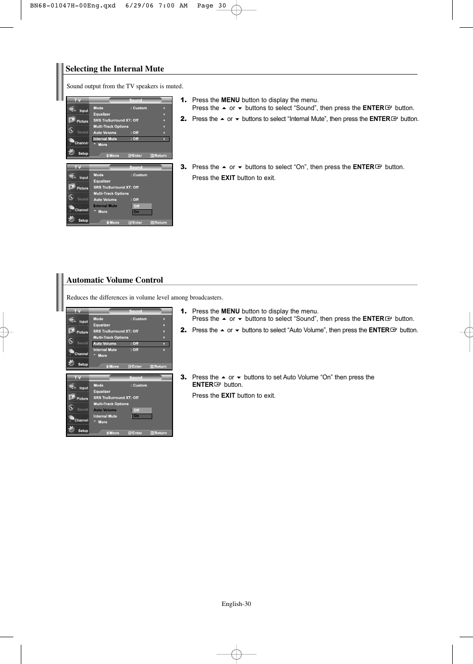 Selecting the internal mute, Automatic volume control | Samsung LNS3296DX-XAA User Manual | Page 32 / 179