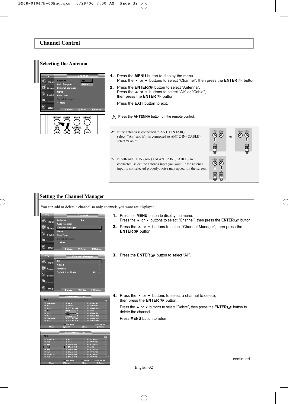 Channel control, Selecting the antenna, Setting the channel manager | Samsung LNS3296DX-XAA User Manual | Page 34 / 179