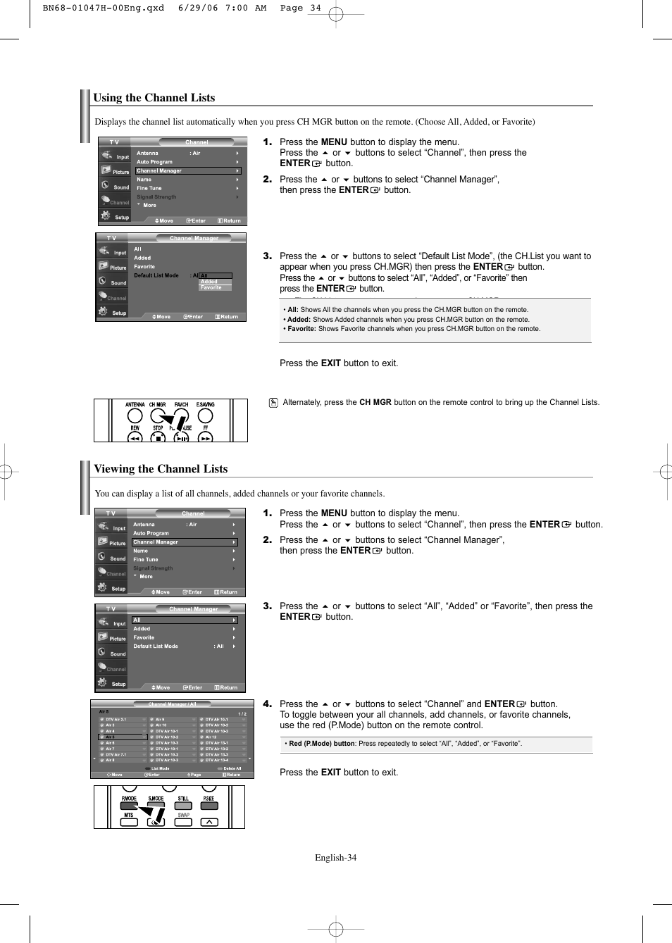 Using the channel lists, Viewing the channel lists | Samsung LNS3296DX-XAA User Manual | Page 36 / 179