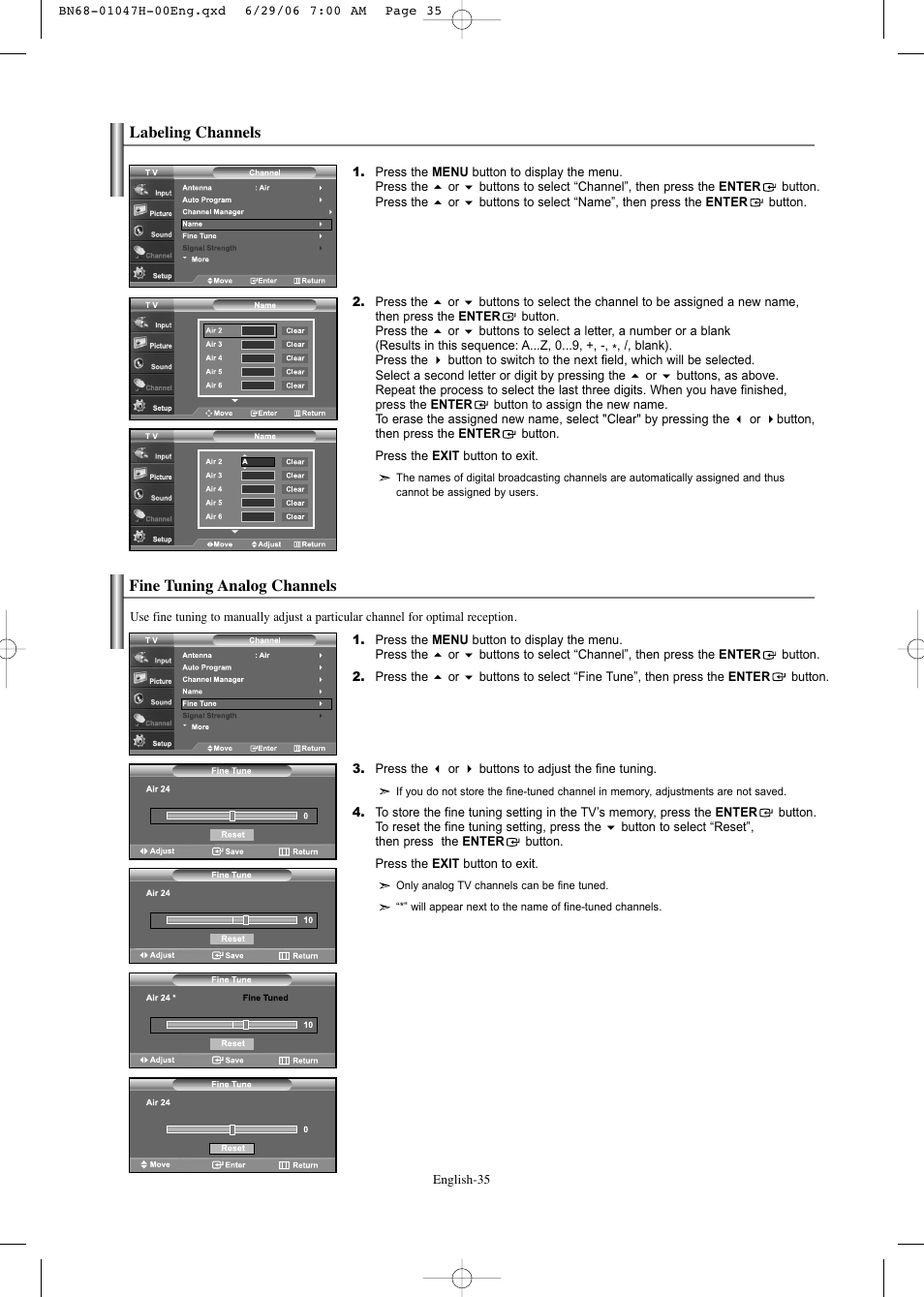 Labeling channels, Fine tuning analog channels | Samsung LNS3296DX-XAA User Manual | Page 37 / 179