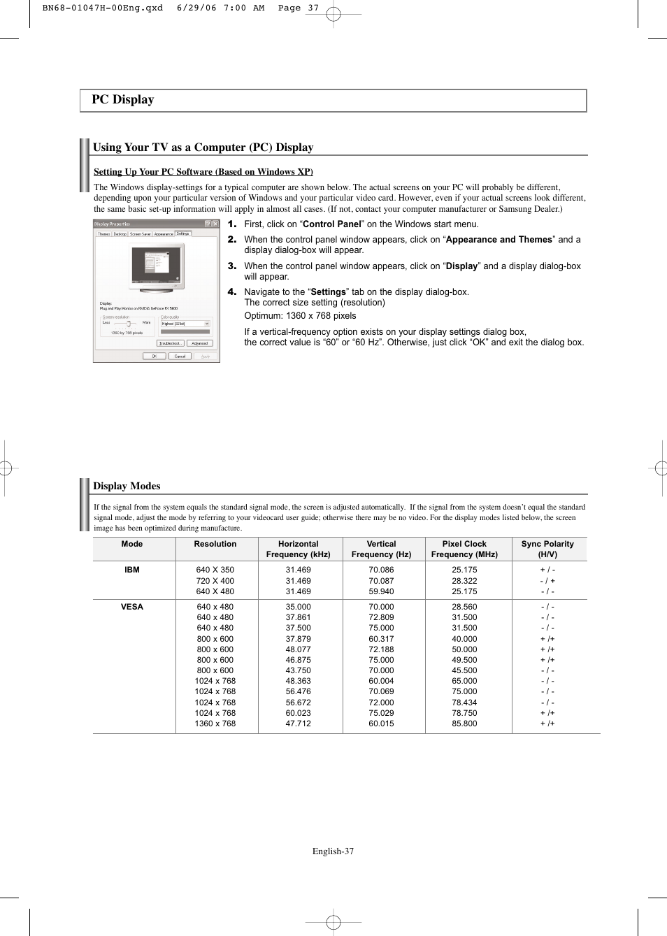 Pc display, Using your tv as a computer (pc) display, Display modes | Samsung LNS3296DX-XAA User Manual | Page 39 / 179