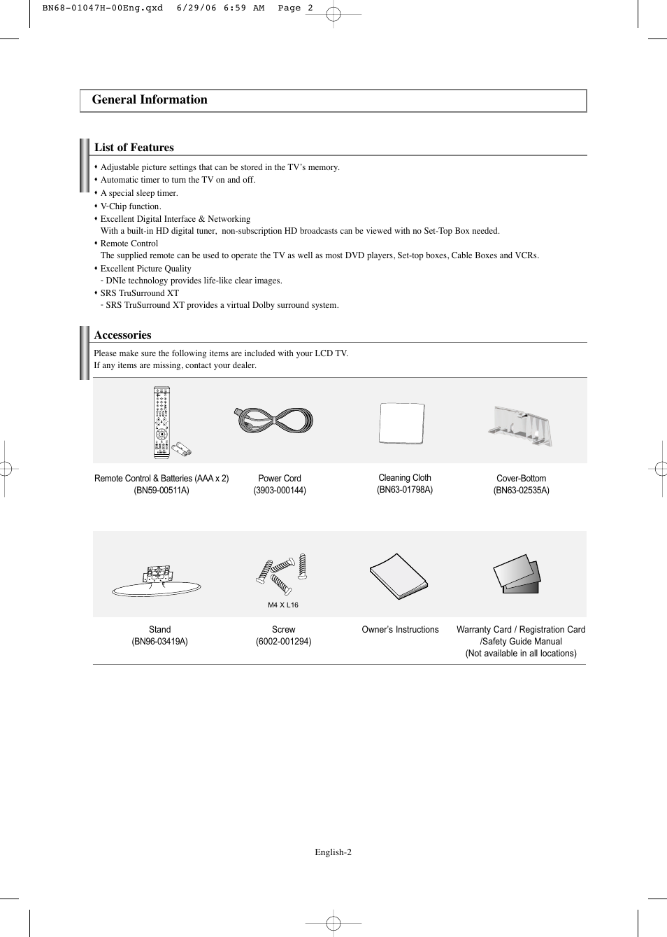 General information, List of features, Accessories | Samsung LNS3296DX-XAA User Manual | Page 4 / 179