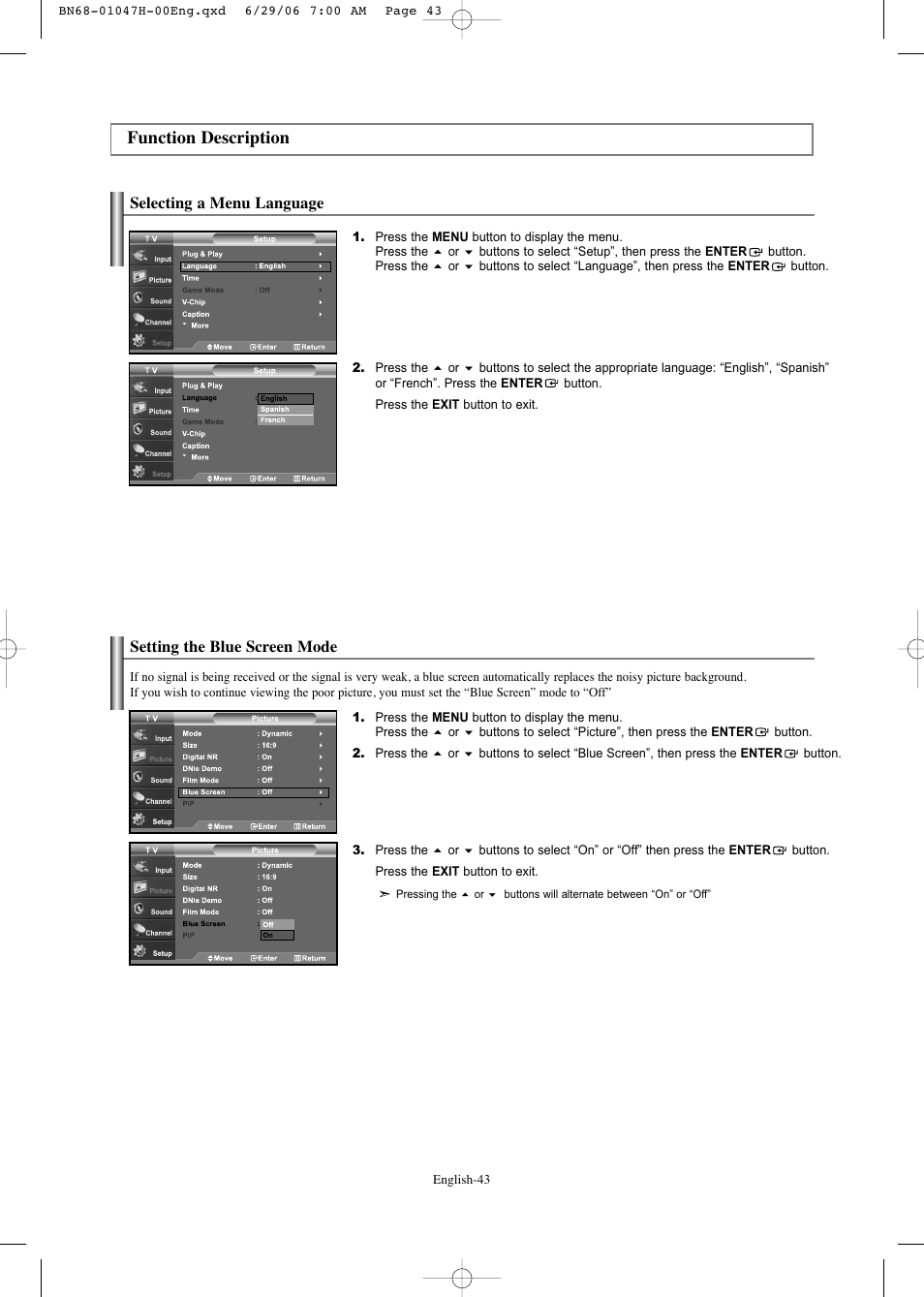 Function description, Selecting a menu language, Setting the blue screen mode | Samsung LNS3296DX-XAA User Manual | Page 45 / 179