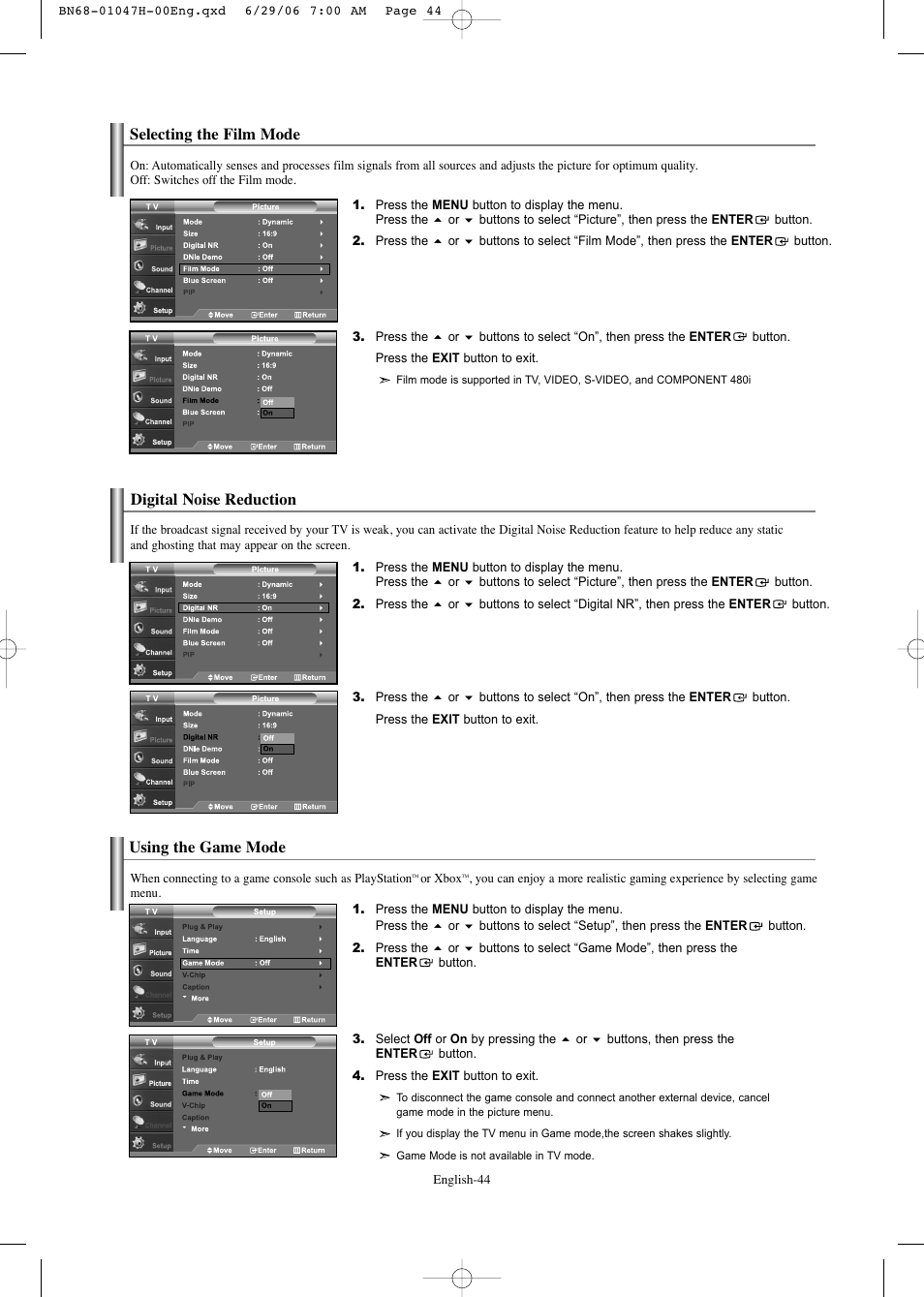 Selecting the film mode, Digital noise reduction, Using the game mode | Samsung LNS3296DX-XAA User Manual | Page 46 / 179