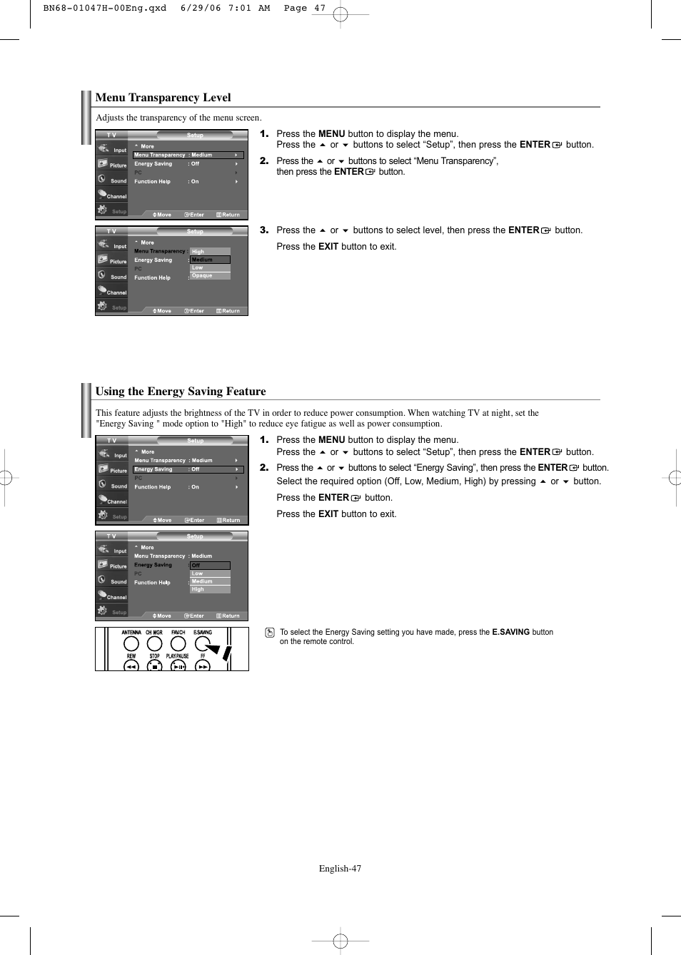 Menu transparency level, Using the energy saving feature | Samsung LNS3296DX-XAA User Manual | Page 49 / 179