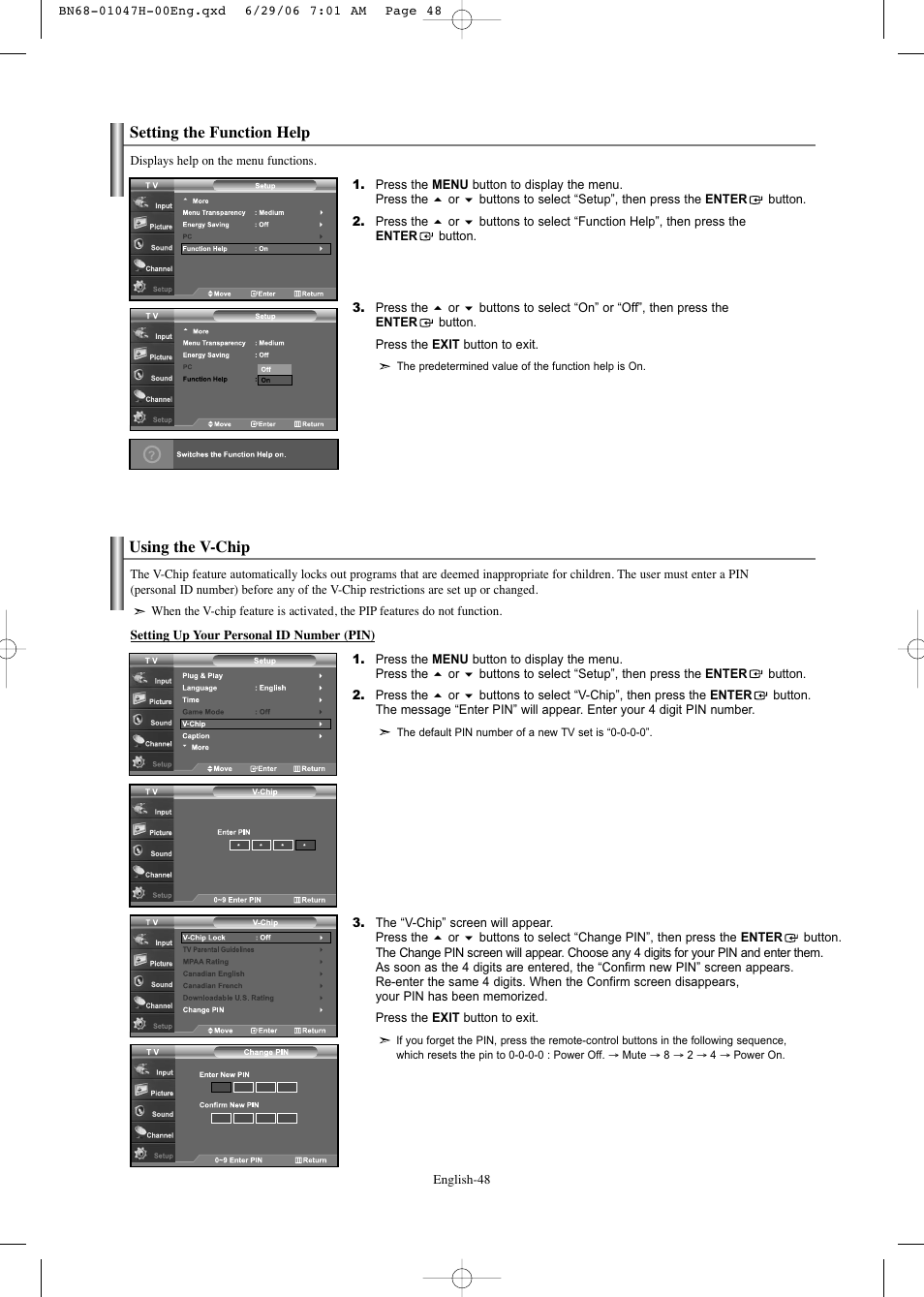 Setting the function help, Using the v-chip | Samsung LNS3296DX-XAA User Manual | Page 50 / 179