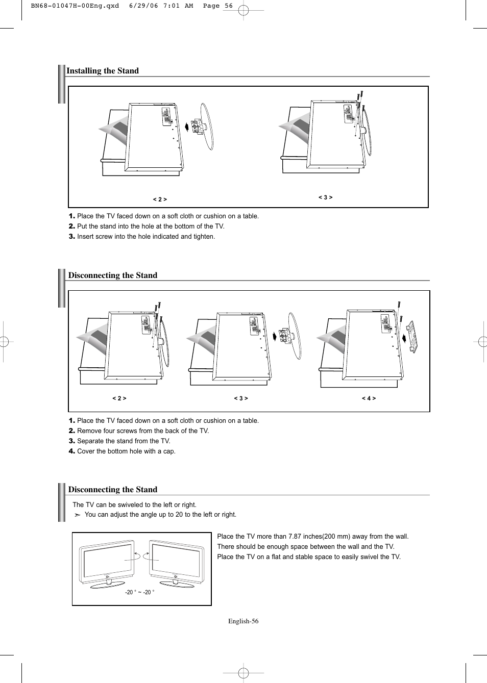 Installing the stand, Disconnecting the stand | Samsung LNS3296DX-XAA User Manual | Page 58 / 179