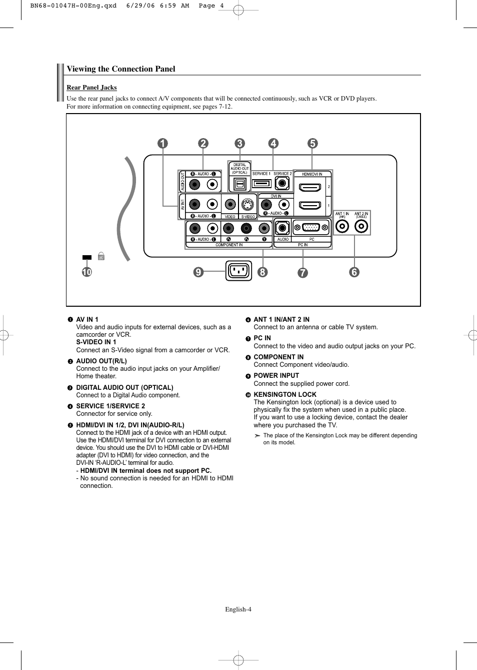 Viewing the connection panel | Samsung LNS3296DX-XAA User Manual | Page 6 / 179