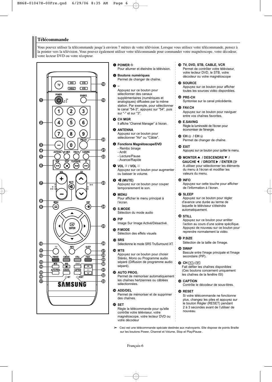 Télécommande | Samsung LNS3296DX-XAA User Manual | Page 67 / 179