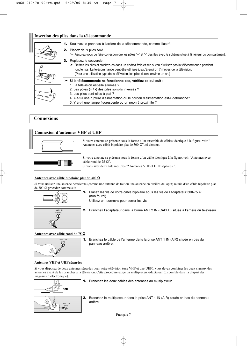 Connexions, Connexion d’antennes vhf et uhf, Insertion des piles dans la télécommande | Samsung LNS3296DX-XAA User Manual | Page 68 / 179