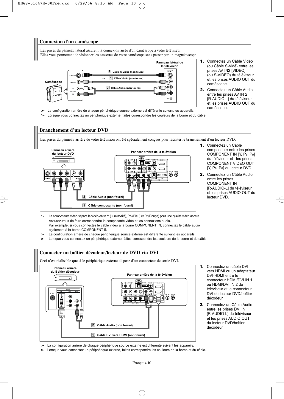 Connexion d'un caméscope, Branchement d’un lecteur dvd | Samsung LNS3296DX-XAA User Manual | Page 71 / 179