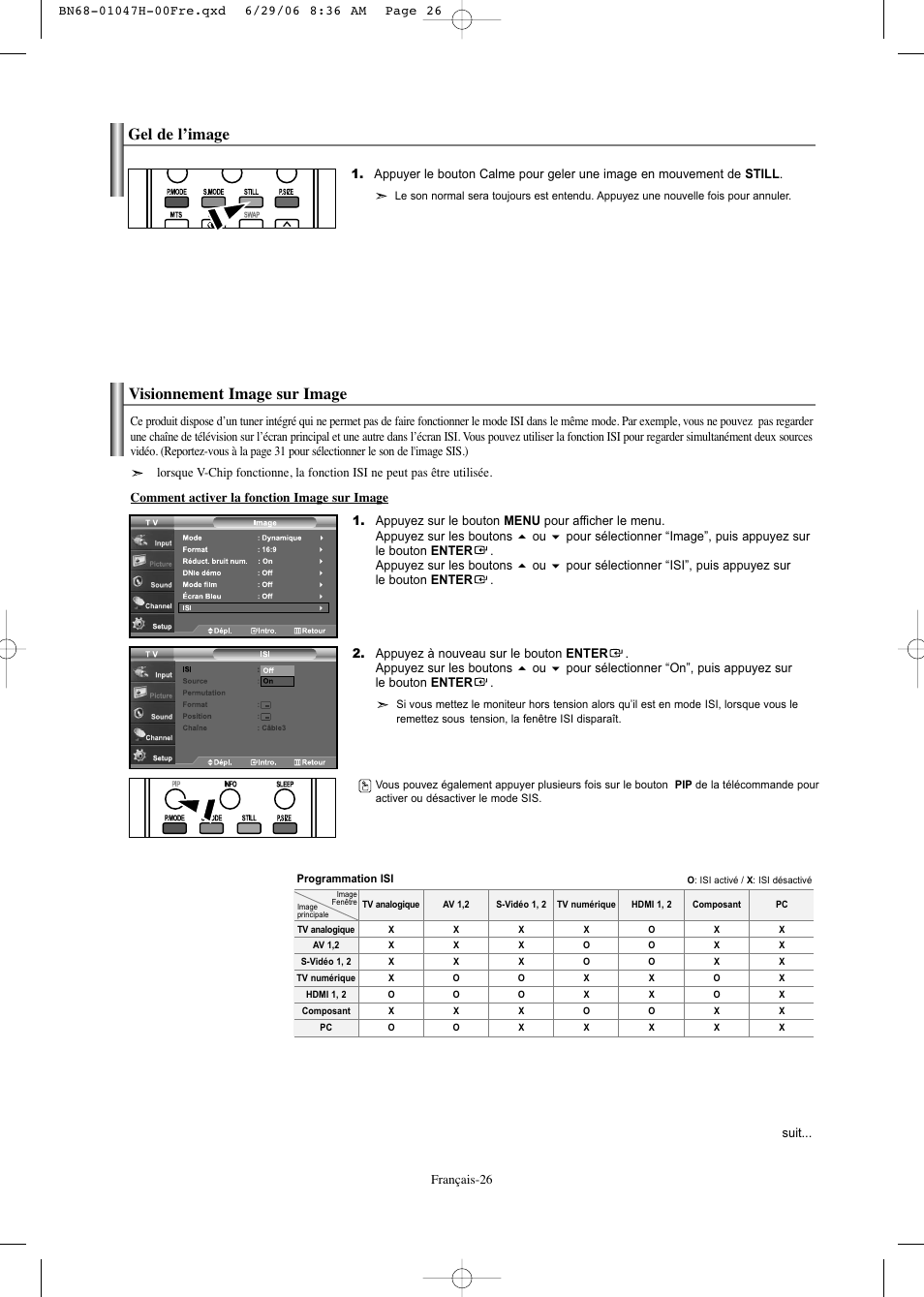 Gel de l’image, Visionnement image sur image | Samsung LNS3296DX-XAA User Manual | Page 87 / 179