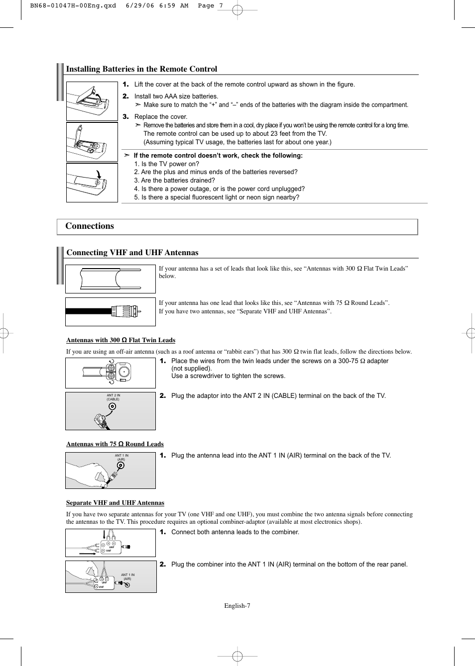 Installing batteries in the remote control, Connections, Connecting vhf and uhf antennas | Samsung LNS3296DX-XAA User Manual | Page 9 / 179