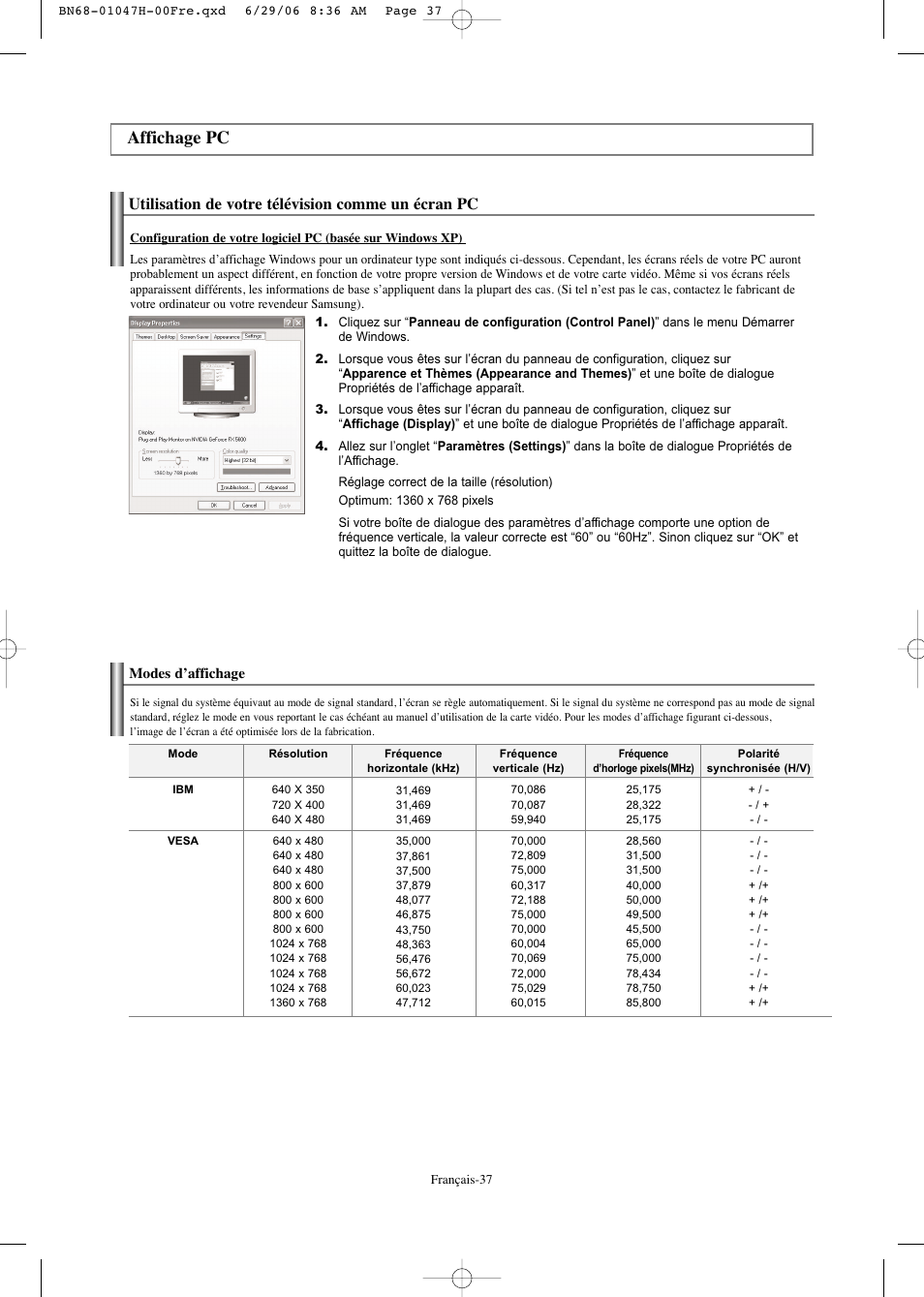 Affichage pc, Utilisation de votre télévision comme un écran pc | Samsung LNS3296DX-XAA User Manual | Page 98 / 179