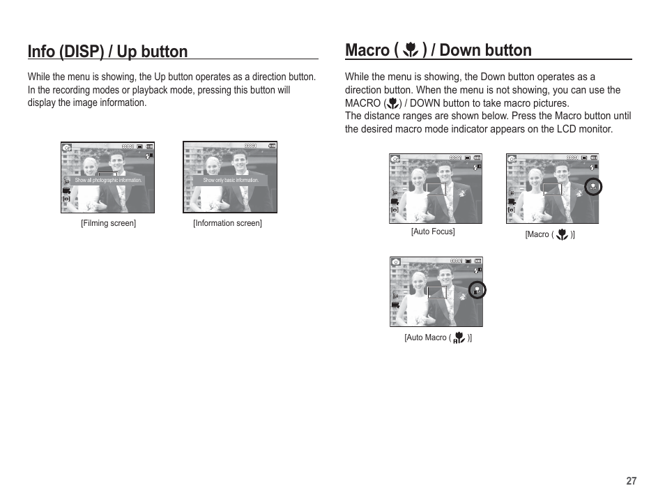 Macro ( ) / down button, Info (disp) / up button | Samsung EC-SL40ZZBASUS User Manual | Page 28 / 98