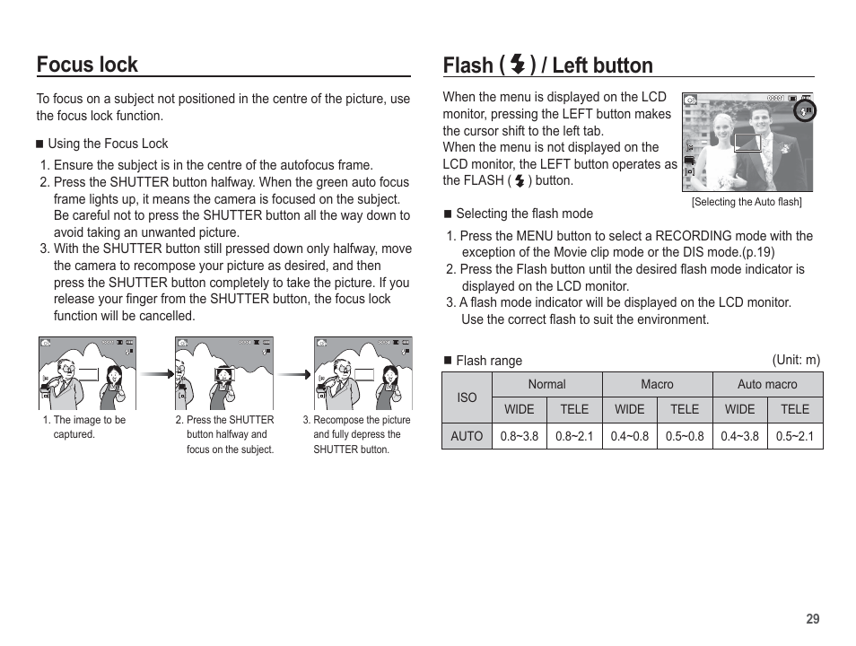 Focus lock, Flash ( ) / left button | Samsung EC-SL40ZZBASUS User Manual | Page 30 / 98