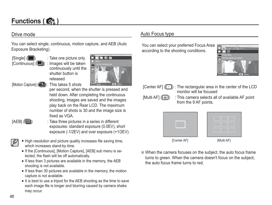 Functions ( ), Drive mode, Auto focus type | Samsung EC-SL40ZZBASUS User Manual | Page 41 / 98