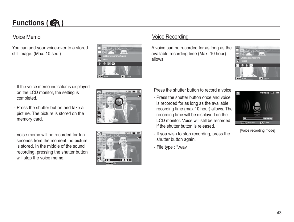 Functions ( ), Voice recording | Samsung EC-SL40ZZBASUS User Manual | Page 44 / 98
