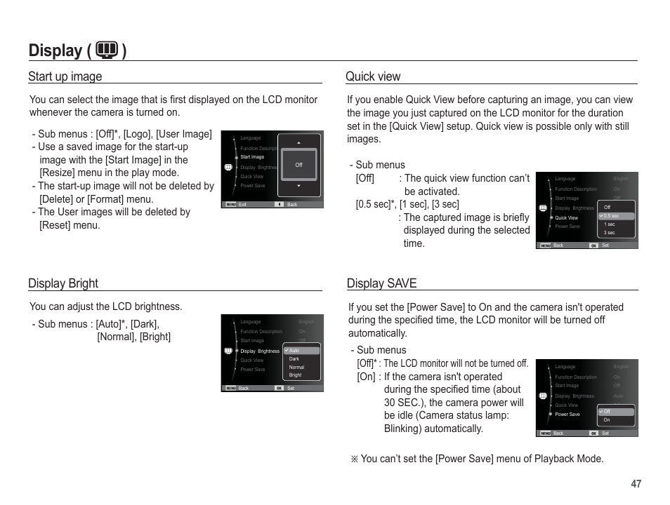 Display ( ), Quick view, Display save | Display bright, Start up image | Samsung EC-SL40ZZBASUS User Manual | Page 48 / 98