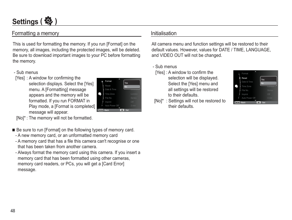 Settings ( ” ), Initialisation | Samsung EC-SL40ZZBASUS User Manual | Page 49 / 98
