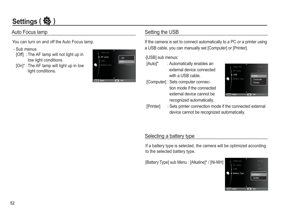 Settings ( ” ), Auto focus lamp, Selecting a battery type | Setting the usb | Samsung EC-SL40ZZBASUS User Manual | Page 53 / 98