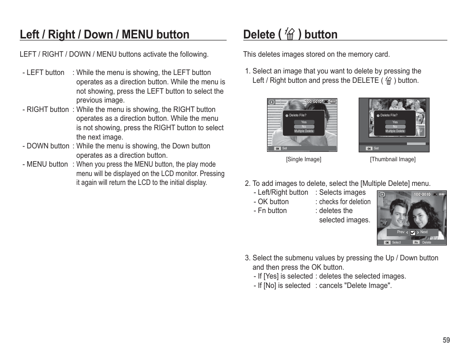 Delete ( õ ) button, Left / right / down / menu button | Samsung EC-SL40ZZBASUS User Manual | Page 60 / 98